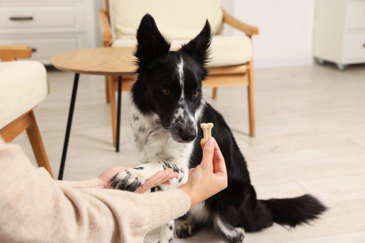 A black and white dog giving a paw while being rewarded with a small training treat indoors.