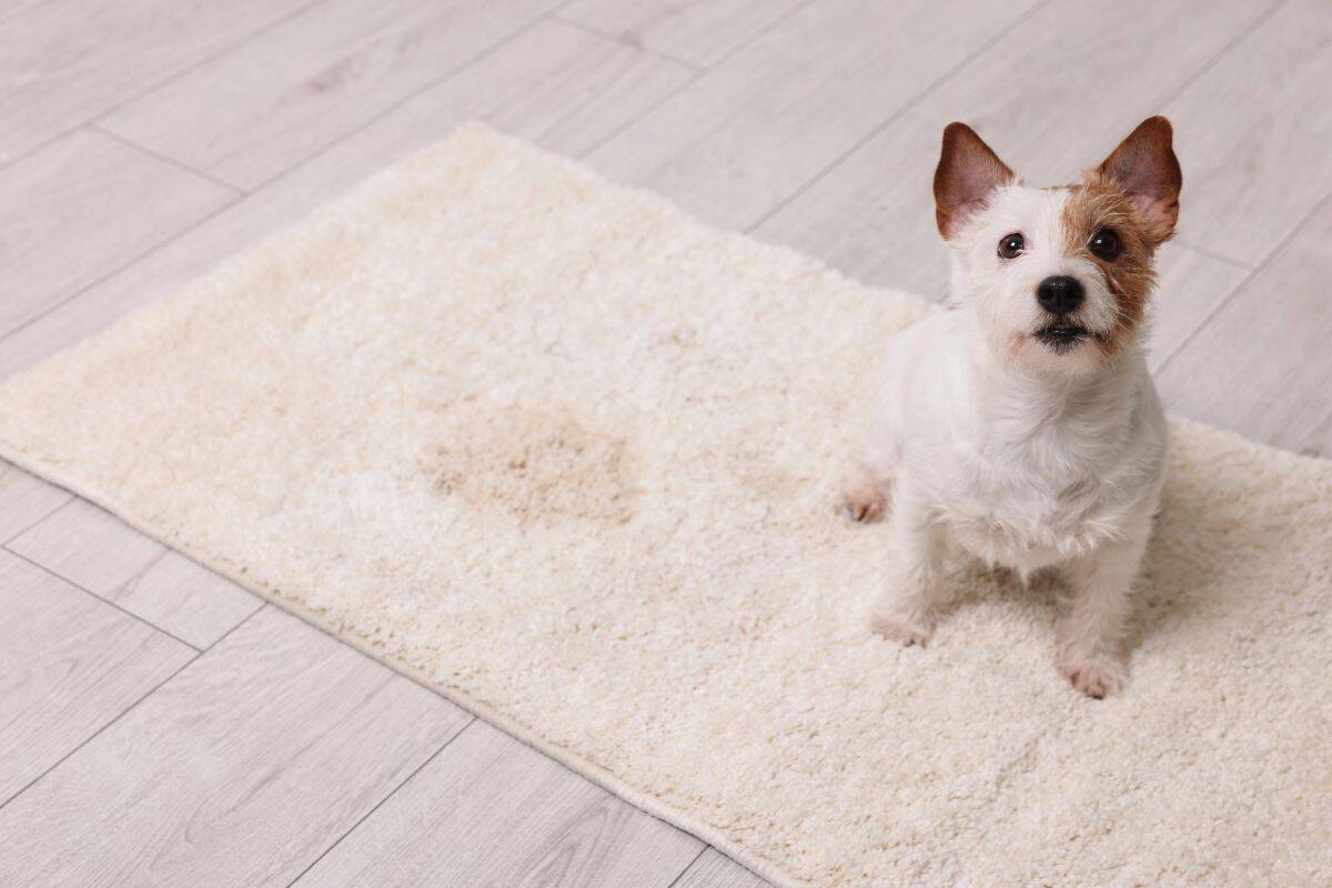 Small white-and-brown puppy sitting on a stained rug indoors, looking up at the camera.