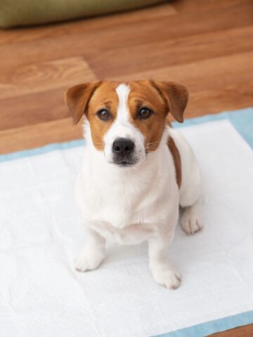 A young puppy sits alert on a pee pad atop a wooden floor while learning potty training.