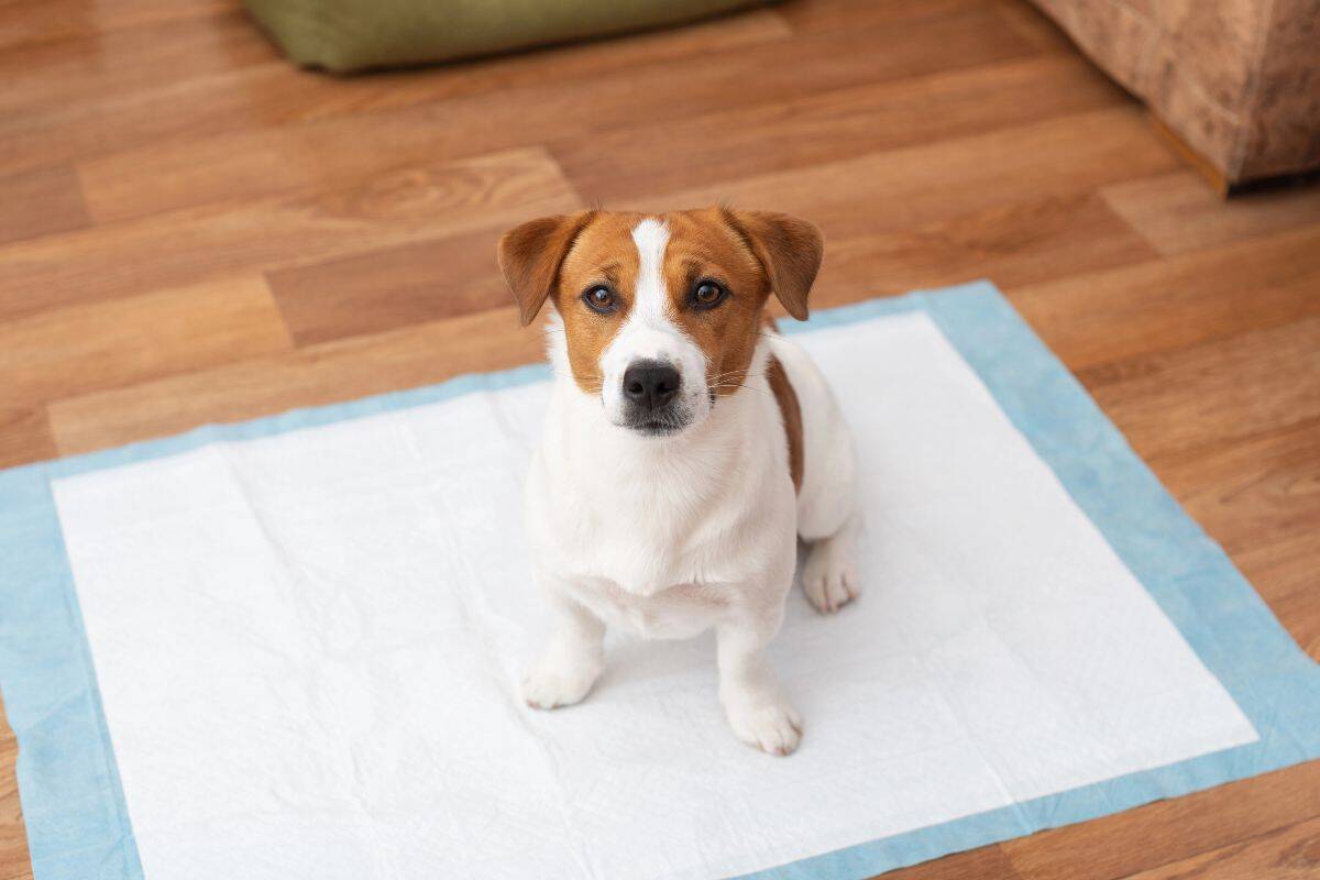 A small puppy sits attentively on a pee pad on a wooden floor during potty training.