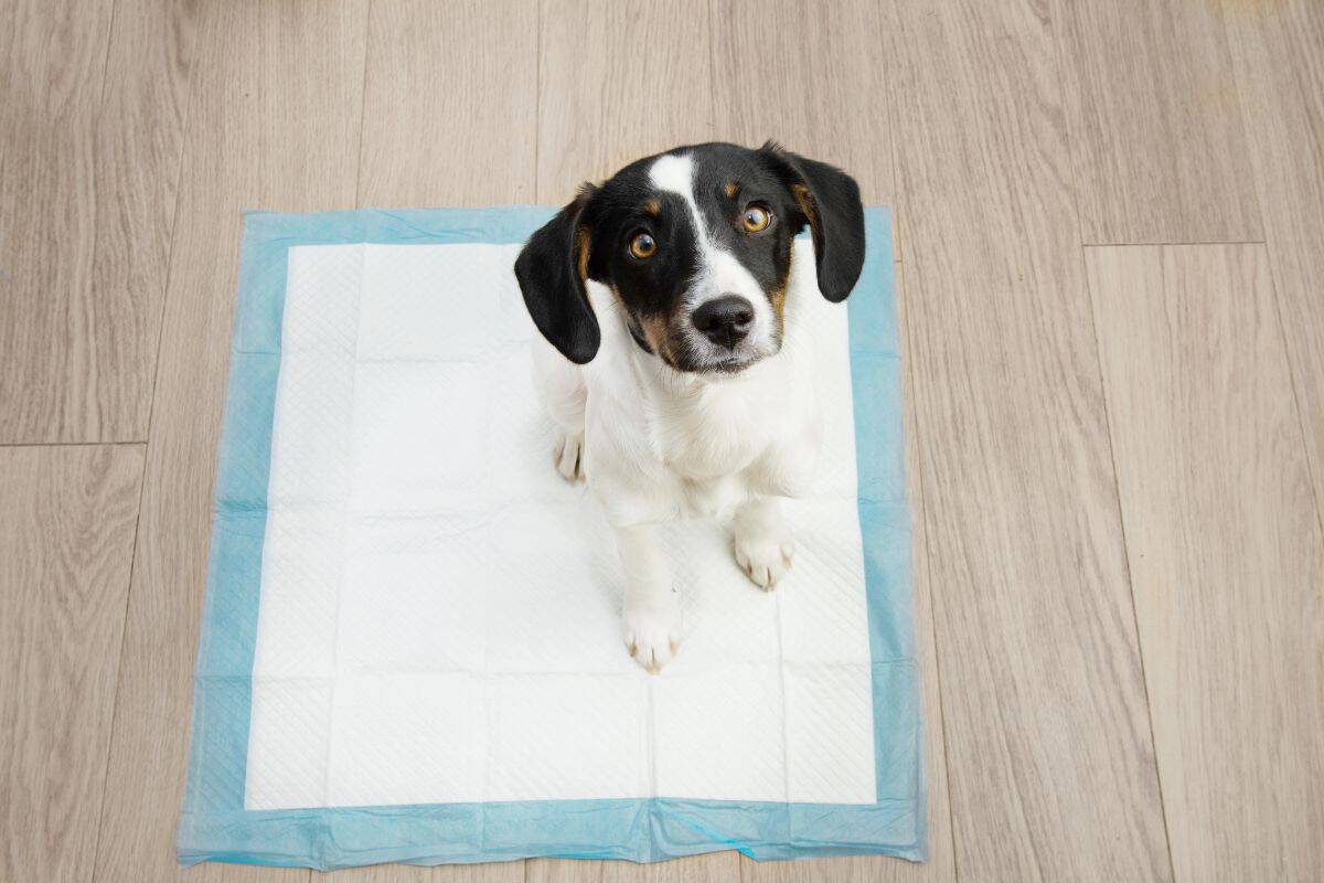 A puppy sits on a pee pad indoors, looking up during potty training.