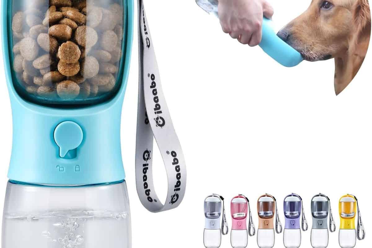 Portable dog travel bowl and water bottle with built-in food container.