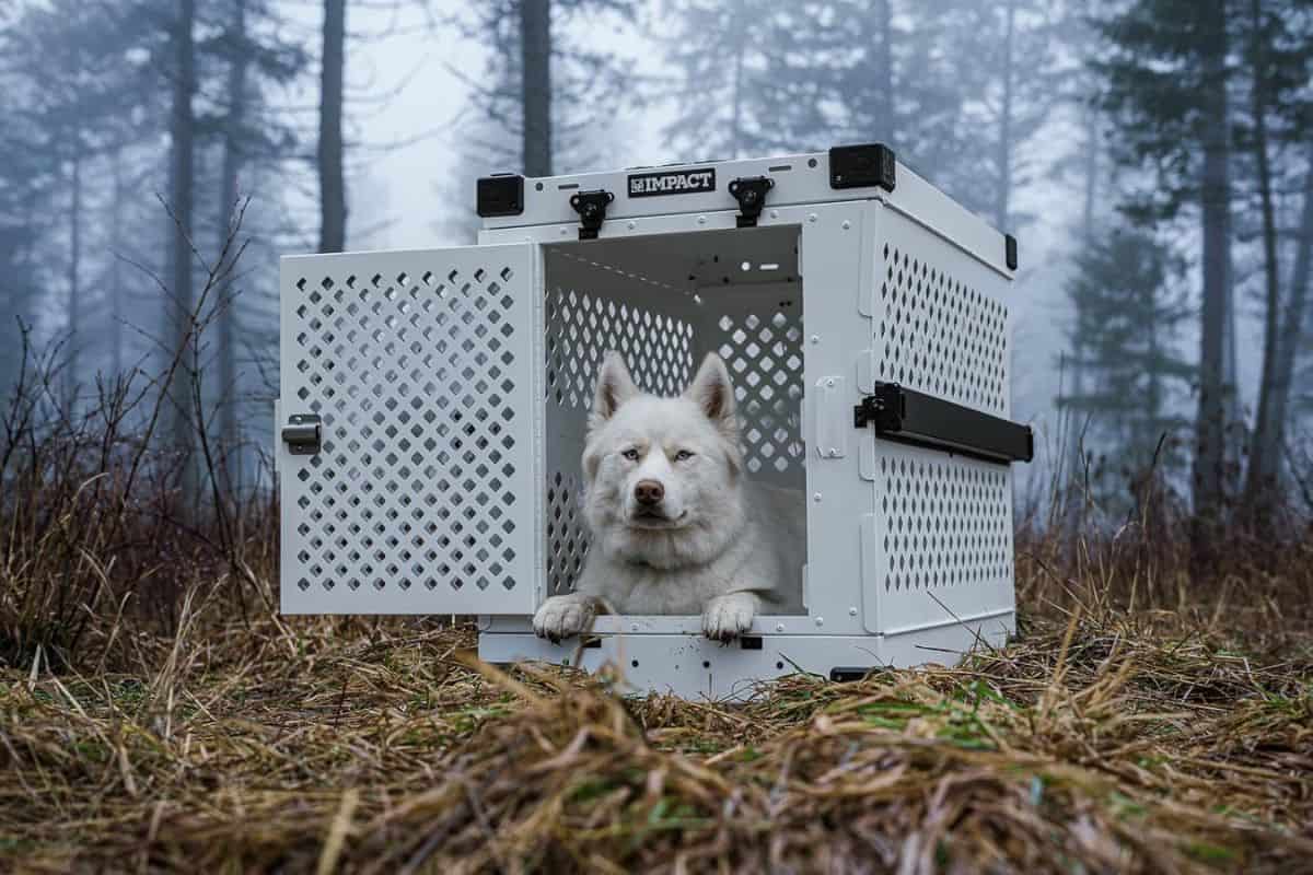 White dog resting inside a heavy-duty outdoor dog crate.