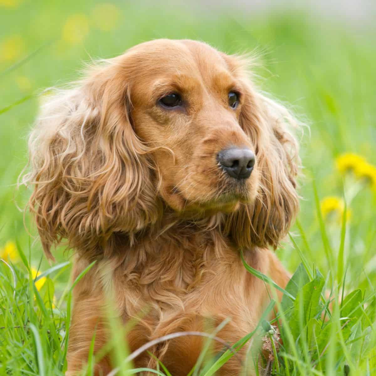 A Cocker Spaniel lying in lush grass surrounded by yellow blooms.