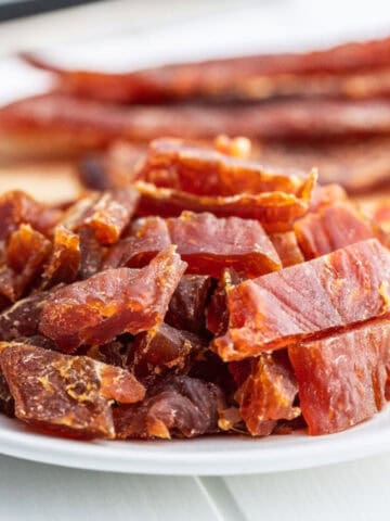 Close-up of bite-sized dog jerky treats piled on a white plate with whole jerky strips blurred in the background.