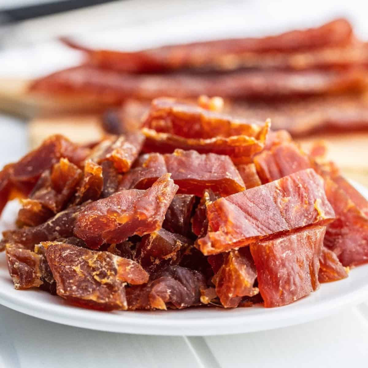 Close-up of bite-sized dog jerky treats piled on a white plate with whole jerky strips blurred in the background.
