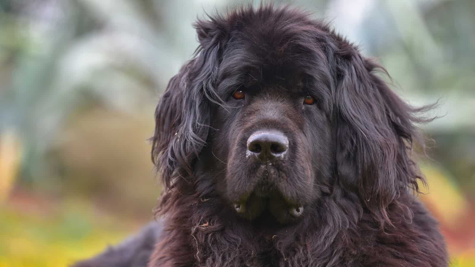 A large black Newfoundland dog with long, shaggy fur sitting outdoors.