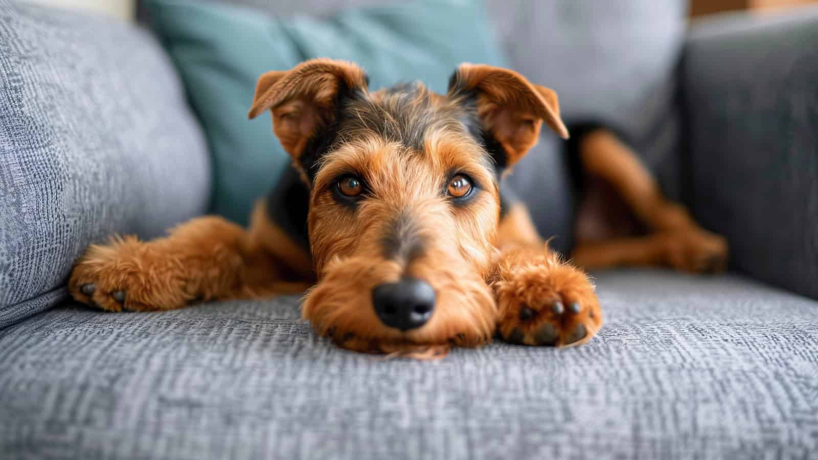 Playful wire-haired dog resting on a couch with a distinctive mustache-like muzzle.
