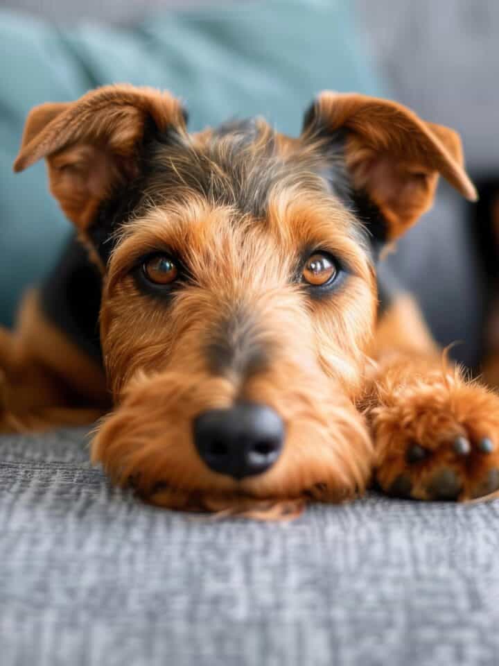 Playful wire-haired dog relaxing on a couch with a distinctive mustache-like muzzle.