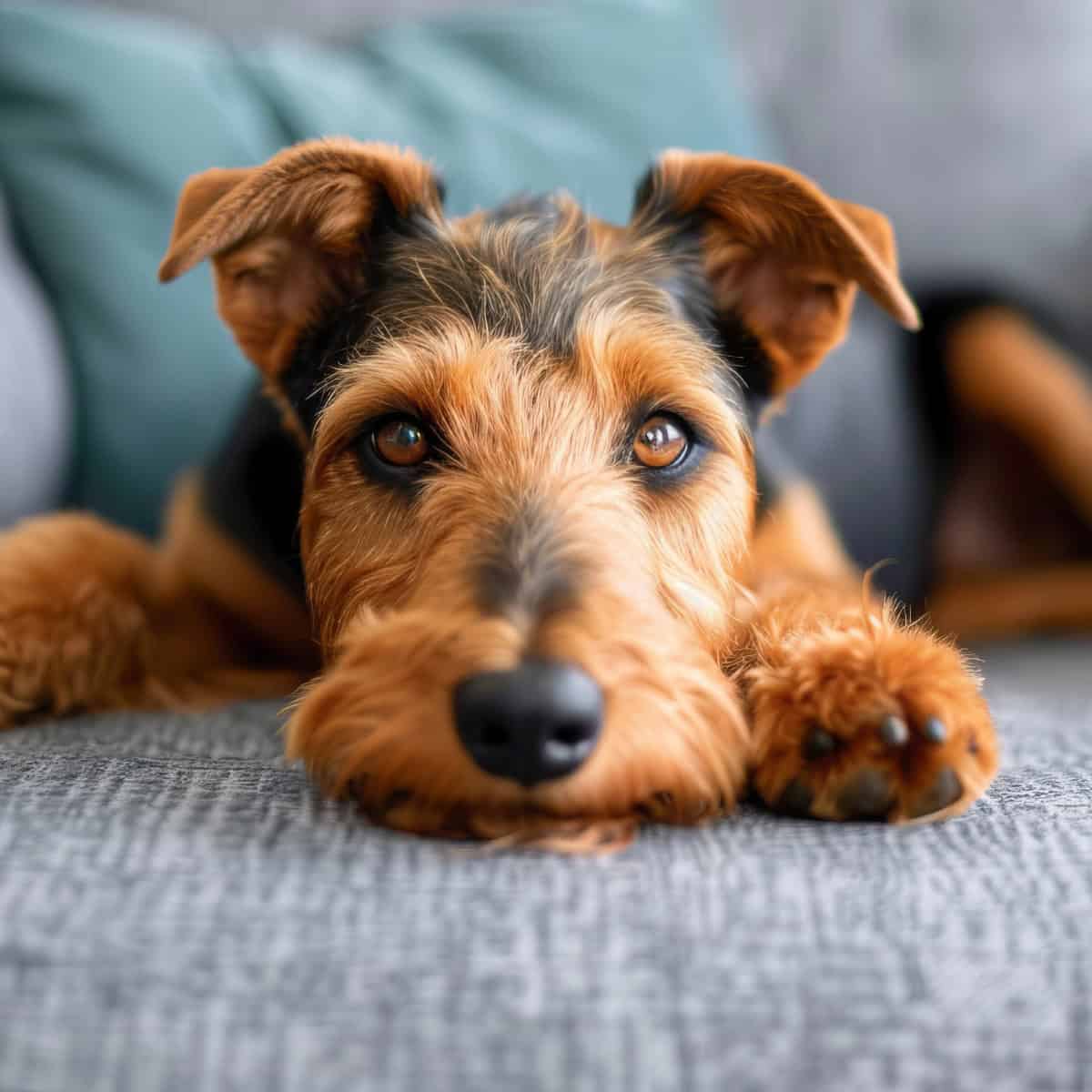 Playful wire-haired dog relaxing on a couch with a distinctive mustache-like muzzle.
